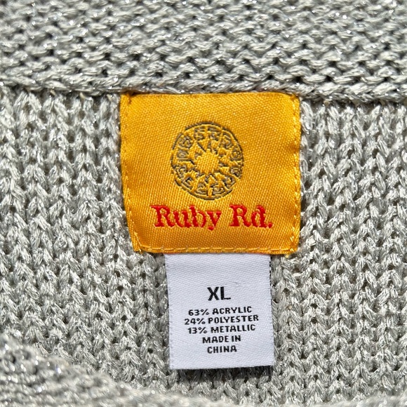 RUBY RD Silver Metallic Sweater Sz XL Sparkle Crochet Knit Beads Sequins EUC - Picture 3 of 6